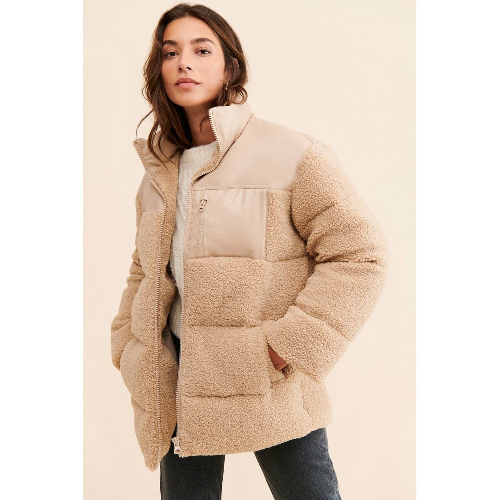 Anthropologie IF BY SEA Beige Sherpa Leather Mix Puffer Jacket Women's Size‎ M